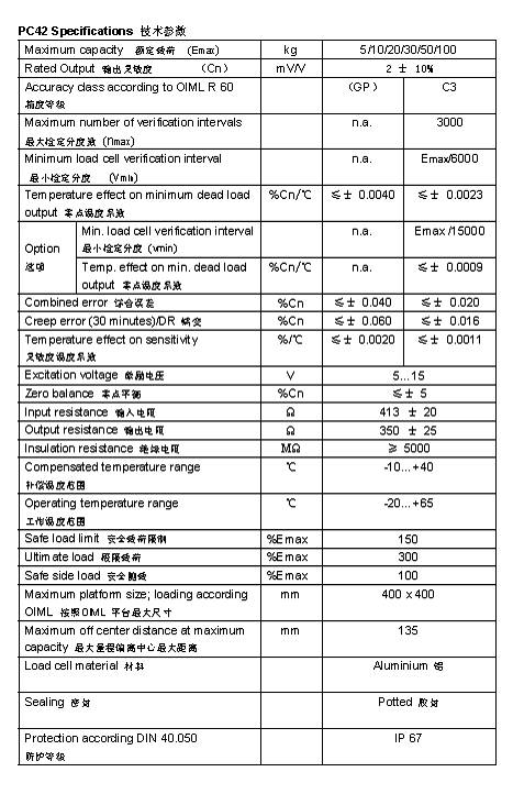 FLINTEC PC42 單點式稱重傳感器技術參數圖2